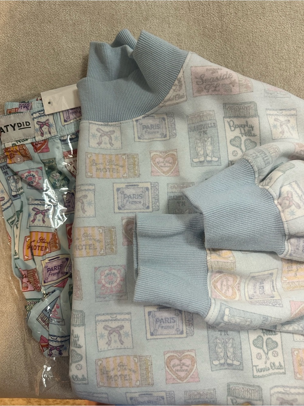 Pastel Blue Printed Mock Neck Sweater and PJ Pant Set